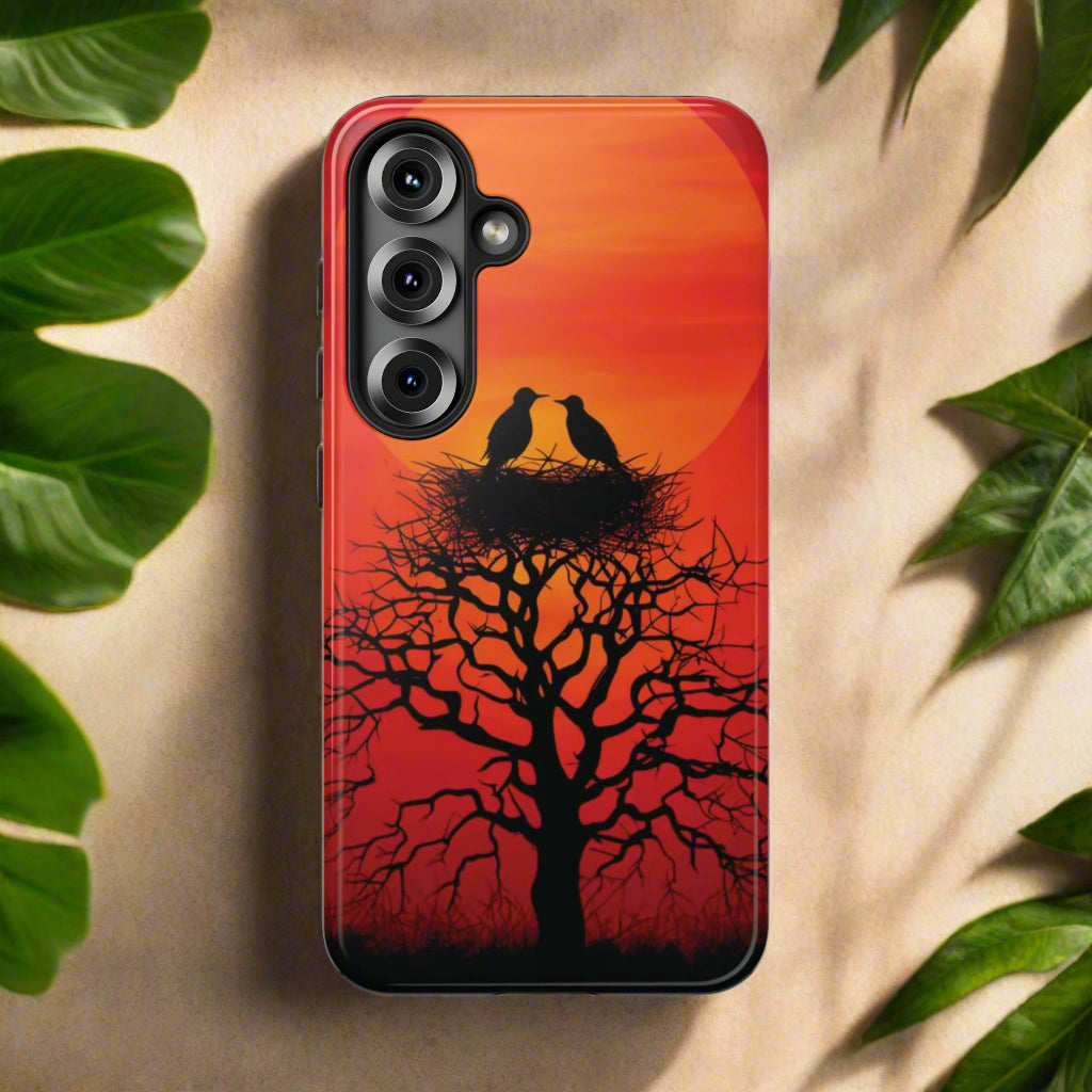 Phone Case Two Birds on a Nest - Red Sunset Background - Nature Wall Art - Romantic Bird Scene