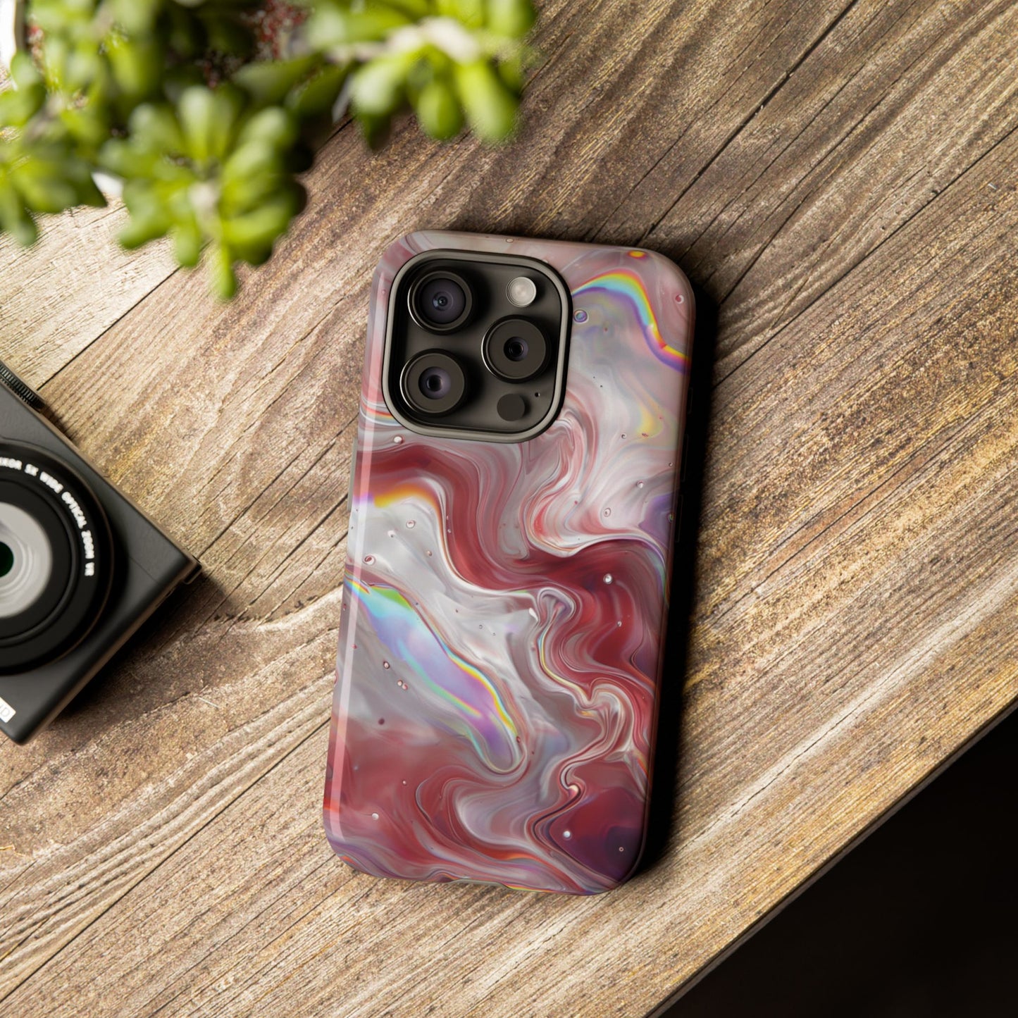 Abstract Swirl iPhone Case – Red & Holographic Marble Design - Durable & Stylish Cover