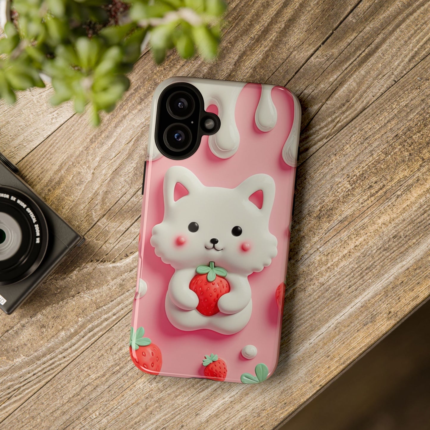 Adorable Cat Phone Case – Pink with Strawberry Design