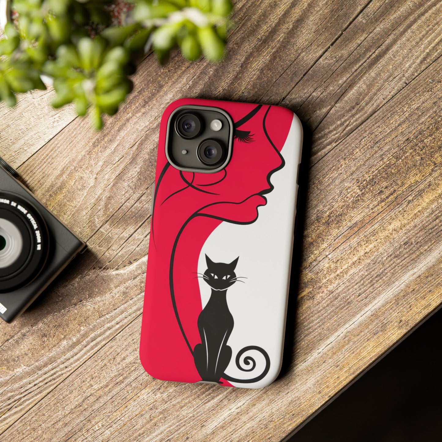 Phone Case with Artistic Woman & Black Cat Design – Stylish and Protective