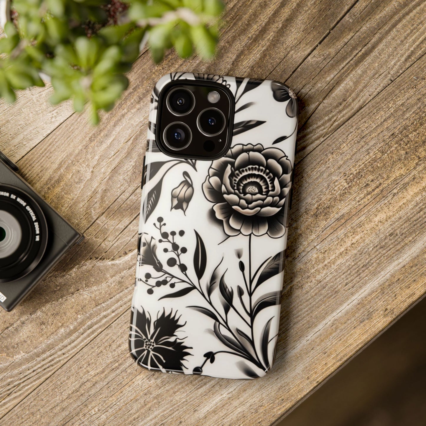 Phone Case Elegant Black and White Floral – Stylish Protection for iPhone 12/16 and Samsung 22/25