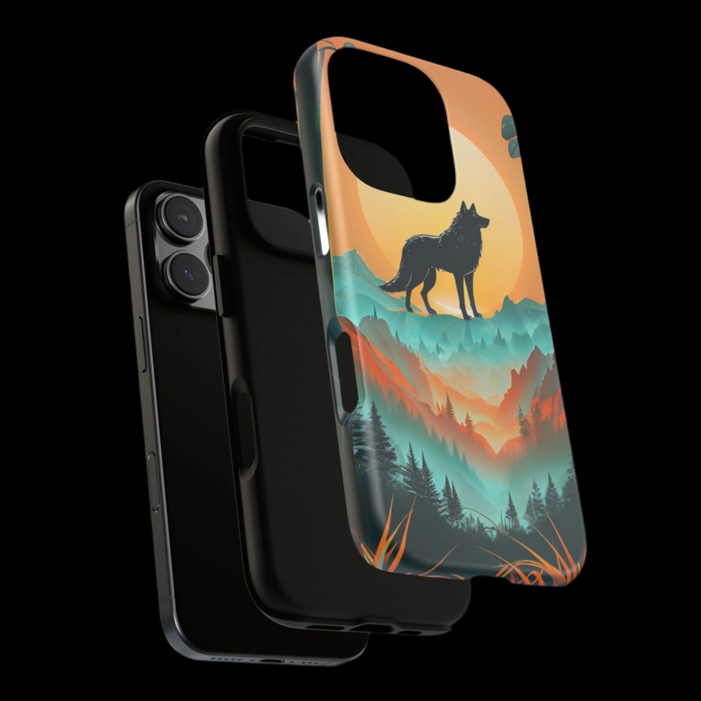 Phone Case Sunset Wolf Silhouette & Tropical Landscape – Artistic Protection
