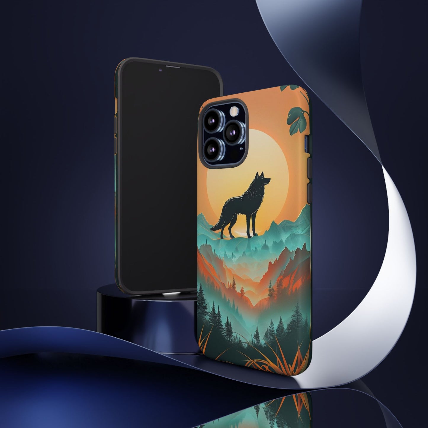 Phone Case Sunset Wolf Silhouette & Tropical Landscape – Artistic Protection