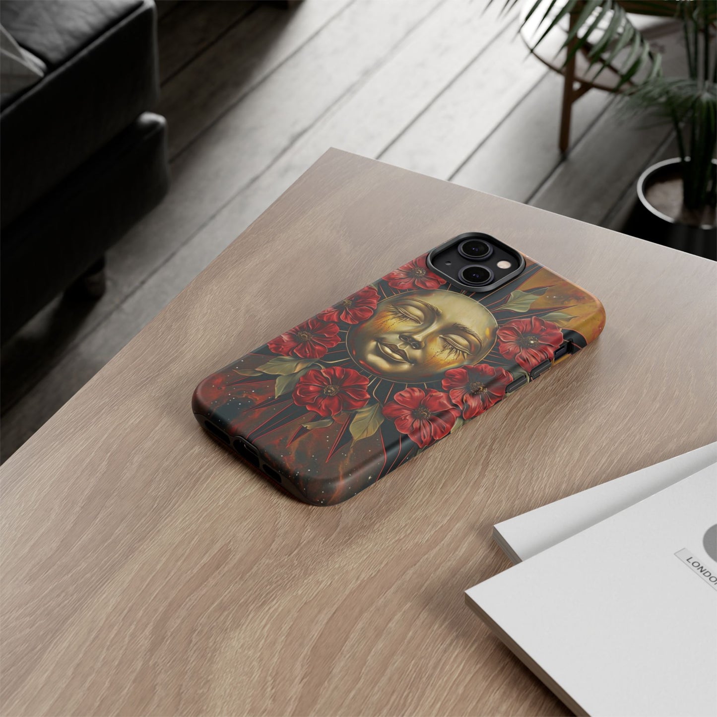Phone Case Surreal Metallic Sun Face with Dark Red Flowers- Unique Modern Art Design