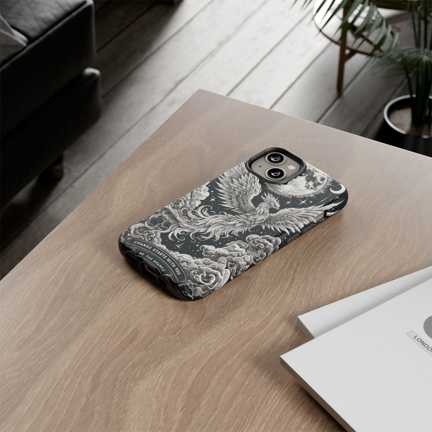 Phoenix Art iPhone Case – 'Change Starts With You' – Black & White Design