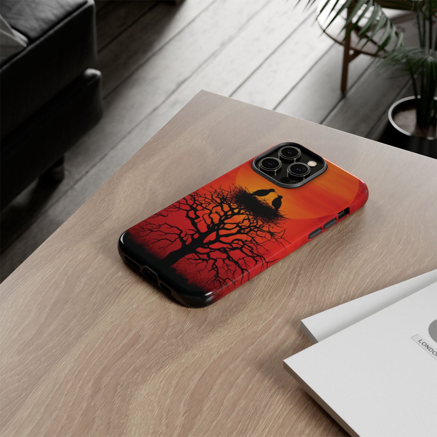 Phone Case Two Birds on a Nest - Red Sunset Background - Nature Wall Art - Romantic Bird Scene