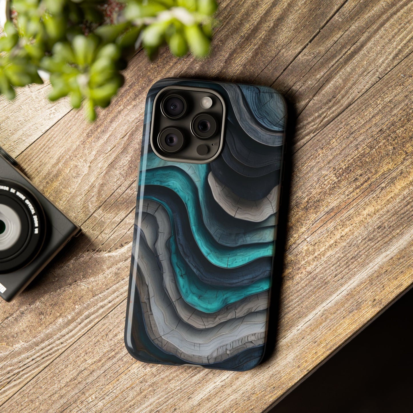 Phone Case Blue & Grey Woodgrain Wave – Artistic iPhone & Samsung Cover