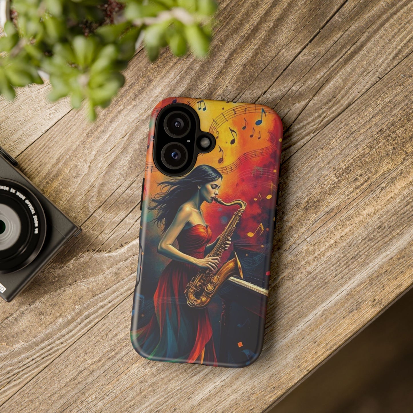 Phone Case Female Saxophonist – Elegant Jazz Illustration