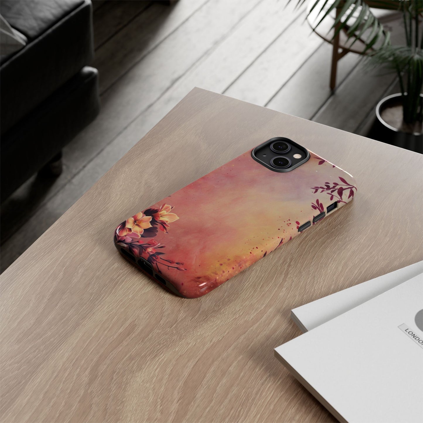 Watercolor Floral Phone Case - Pink Orange Gradient iPhone Cover - Botanical Art Protection