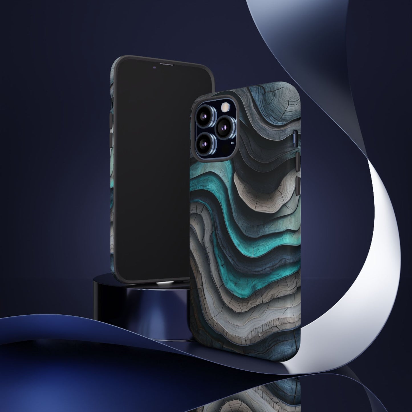 Phone Case Blue & Grey Woodgrain Wave – Artistic iPhone & Samsung Cover