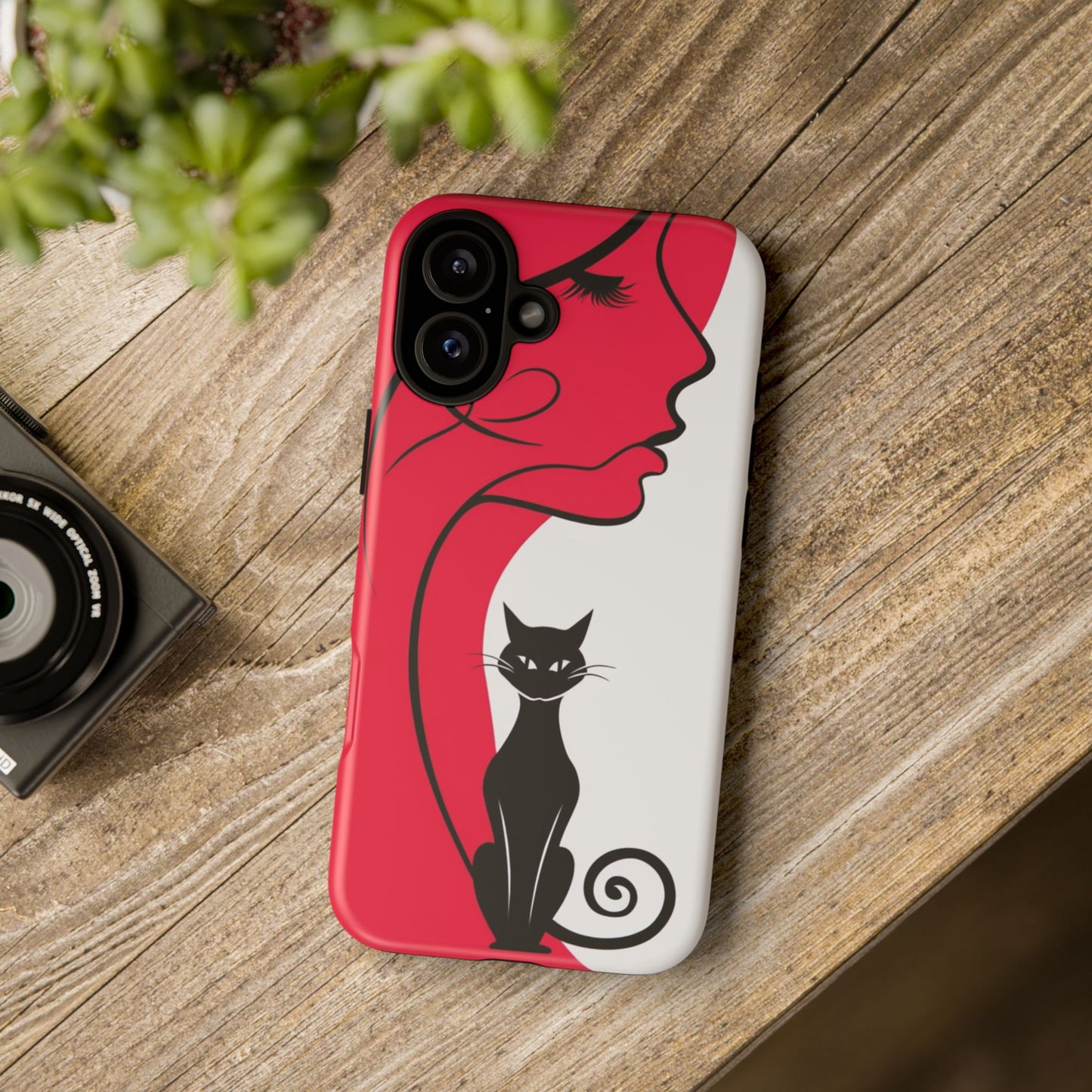 Phone Case with Artistic Woman & Black Cat Design – Stylish and Protective