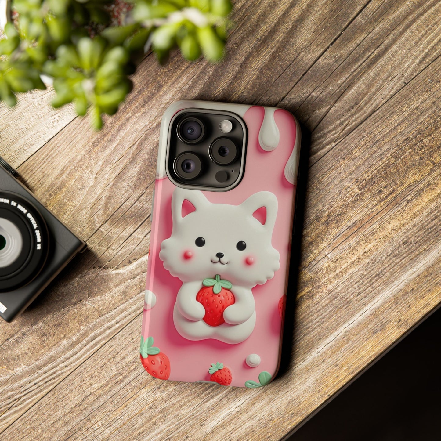 Adorable Cat Phone Case – Pink with Strawberry Design