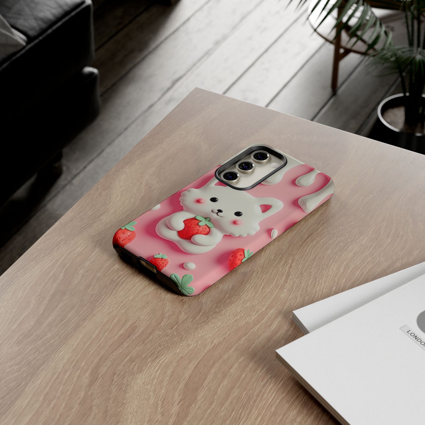 Adorable Cat Phone Case – Pink with Strawberry Design