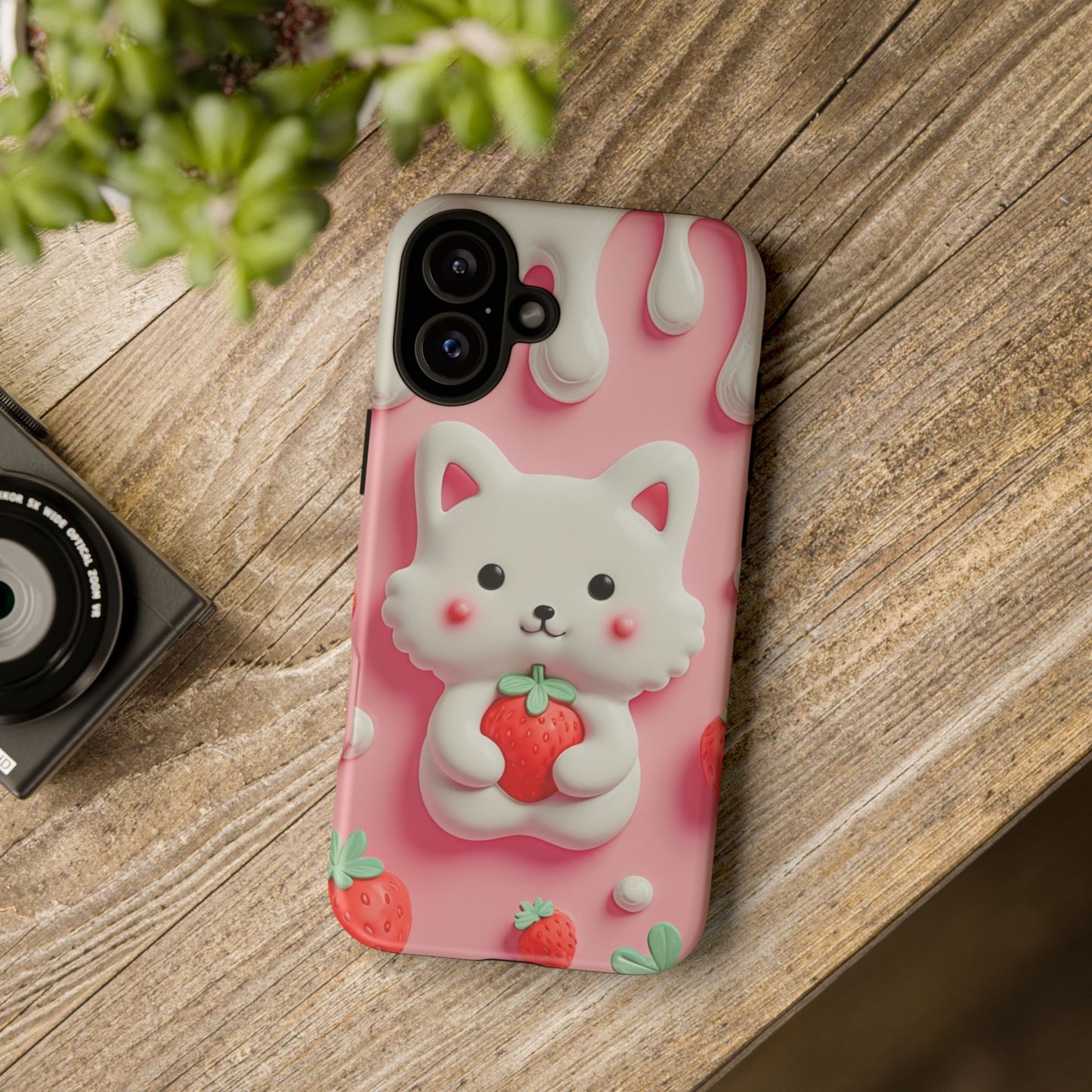 Adorable Cat Phone Case – Pink with Strawberry Design