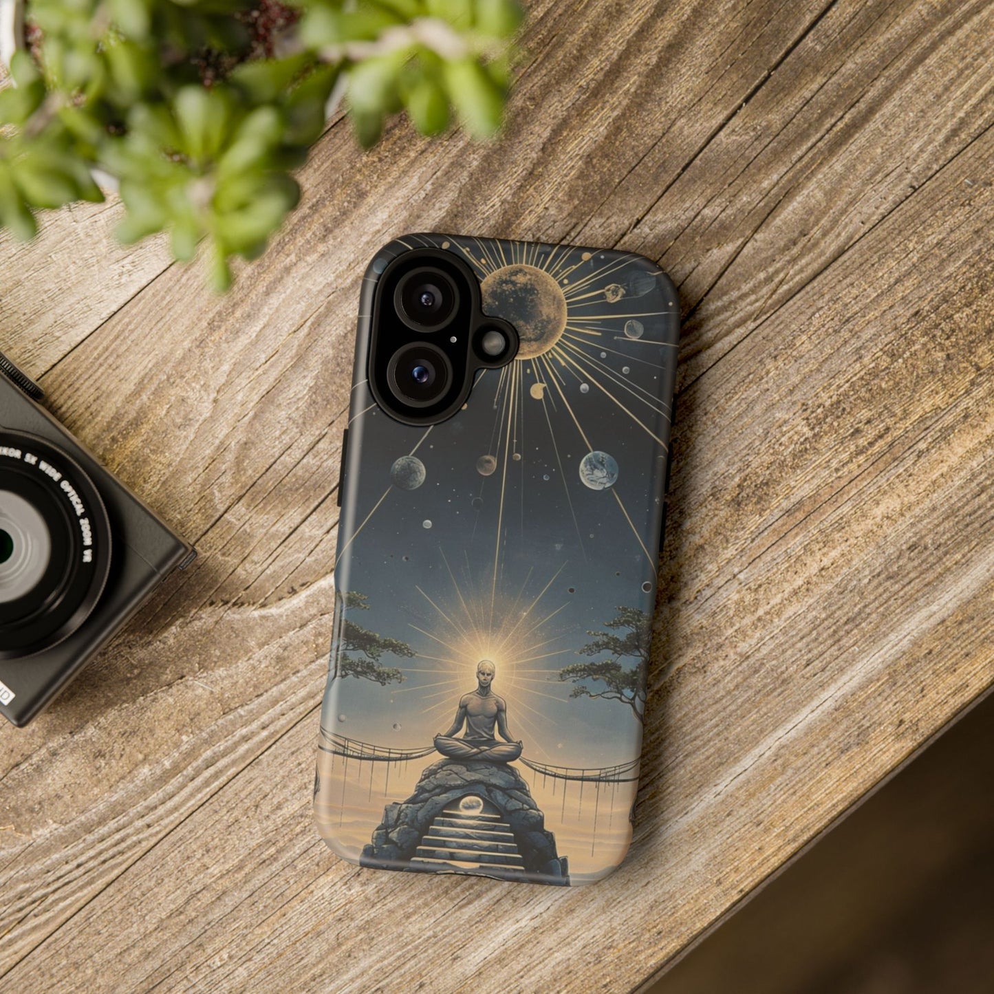 Phone Case Futuristic Meditating Figure in Cosmic Elements at Twilight – Sci-Fi Artwork