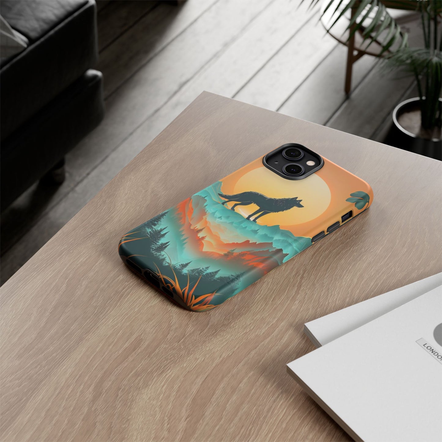Phone Case Sunset Wolf Silhouette & Tropical Landscape – Artistic Protection
