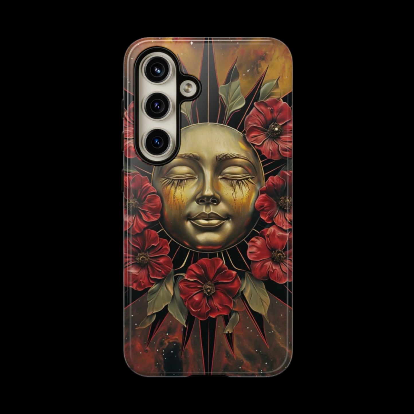 Phone Case Surreal Metallic Sun Face with Dark Red Flowers- Unique Modern Art Design