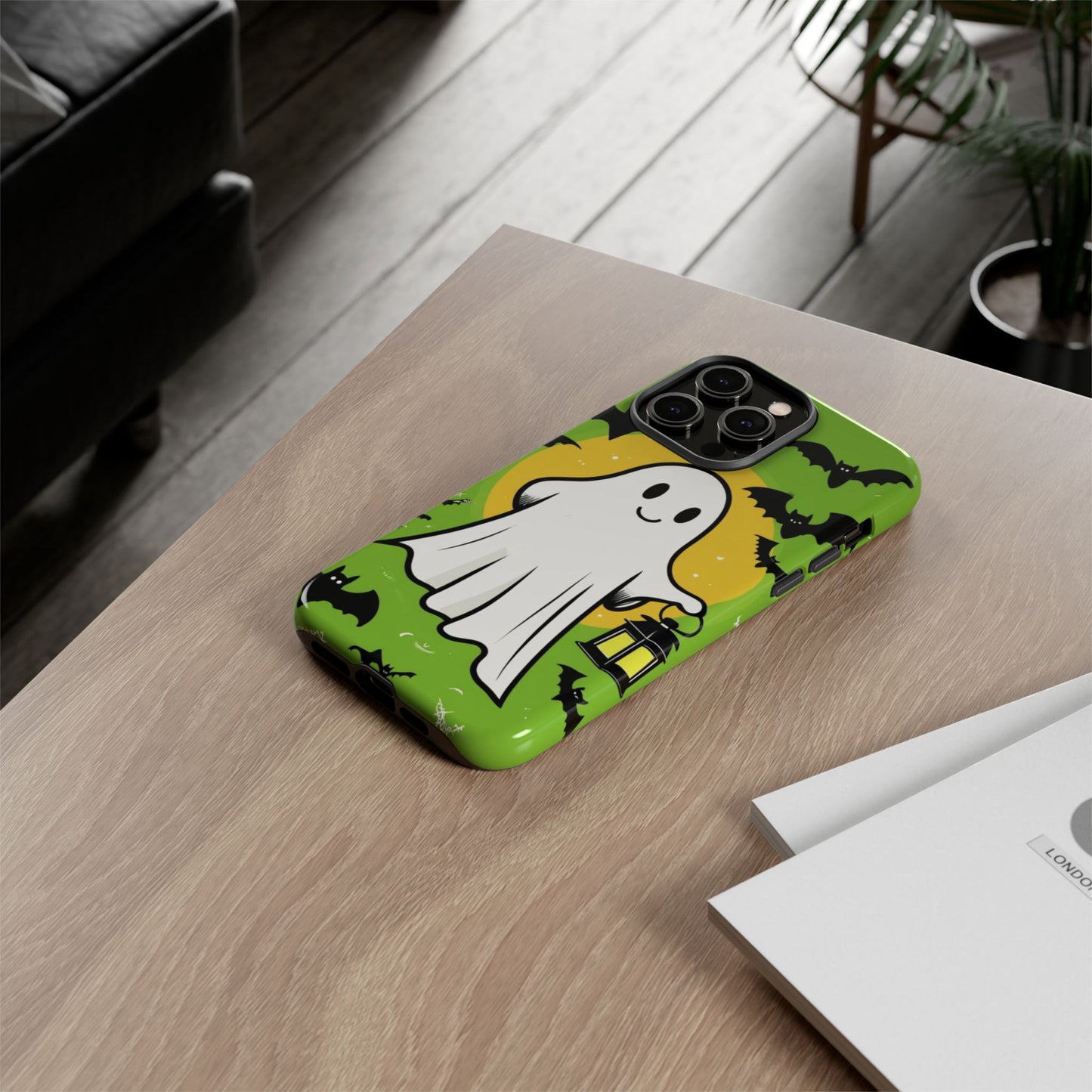 Cute Halloween Ghost Phone Case with Bats and Lantern – Perfect for Spooky Season