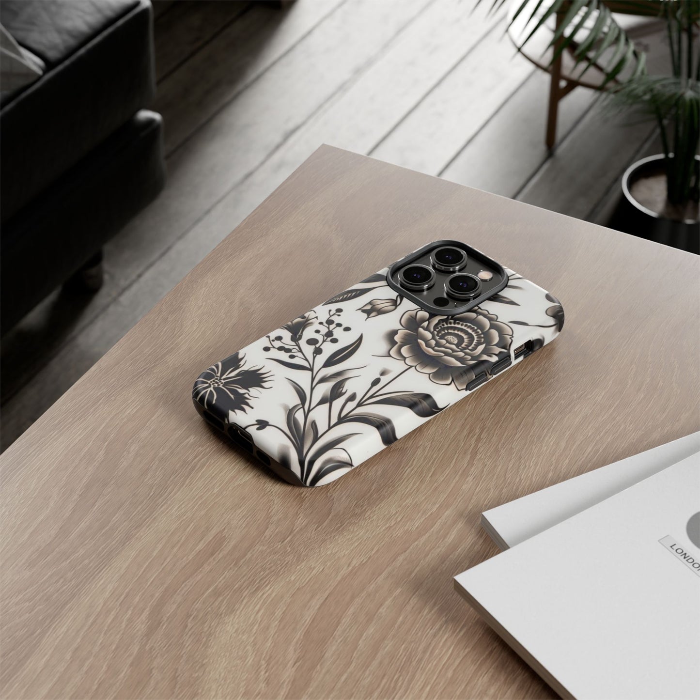 Phone Case Elegant Black and White Floral – Stylish Protection for iPhone 12/16 and Samsung 22/25