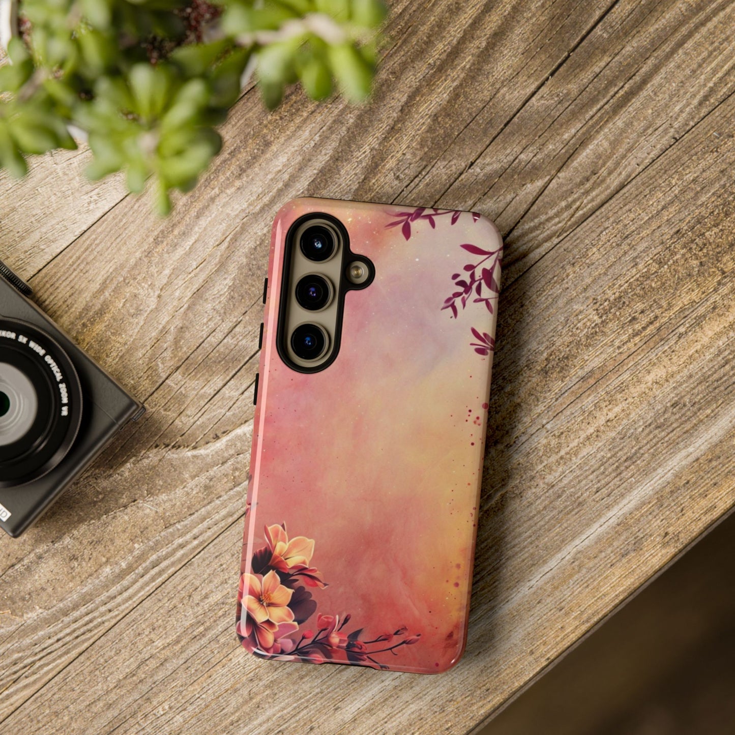 Watercolor Floral Phone Case - Pink Orange Gradient iPhone Cover - Botanical Art Protection