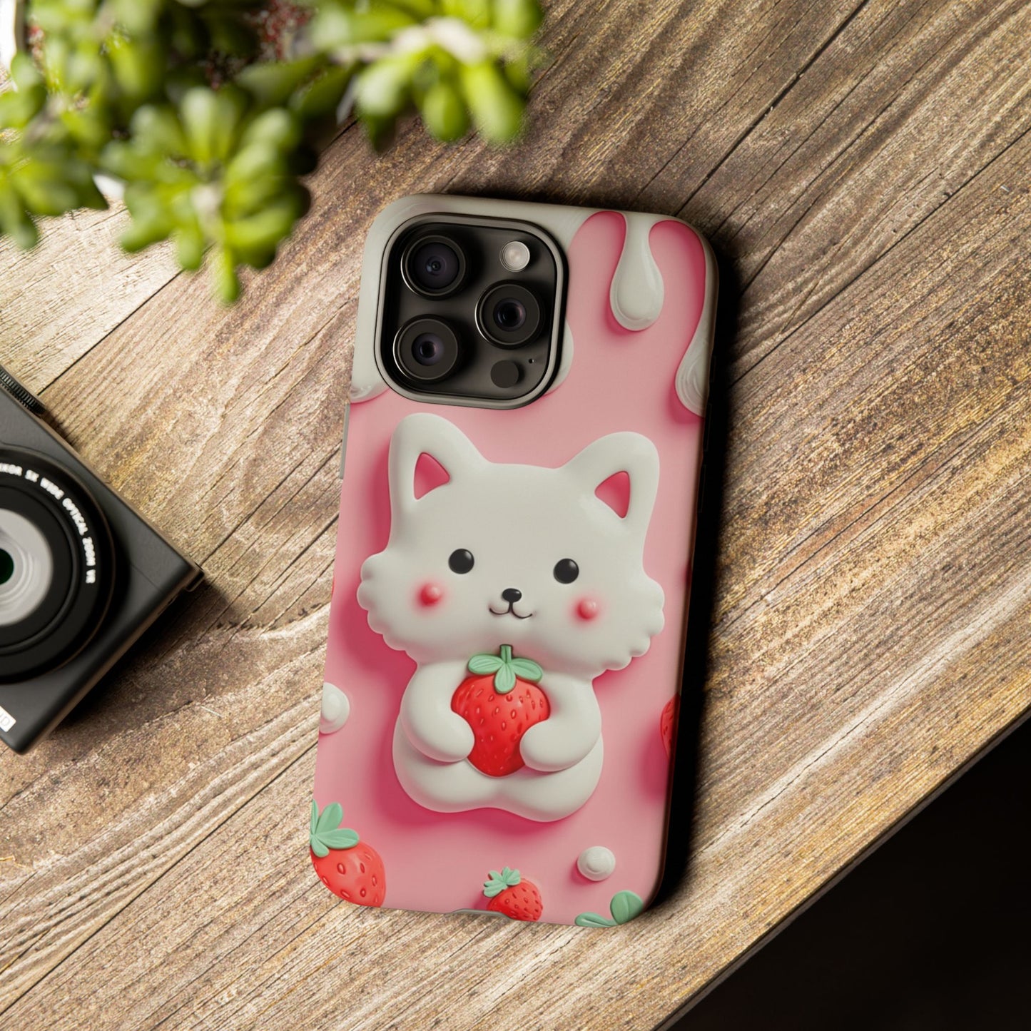 Adorable Cat Phone Case – Pink with Strawberry Design