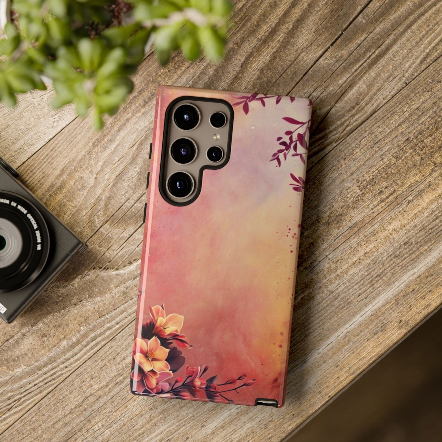 Watercolor Floral Phone Case - Pink Orange Gradient iPhone Cover - Botanical Art Protection