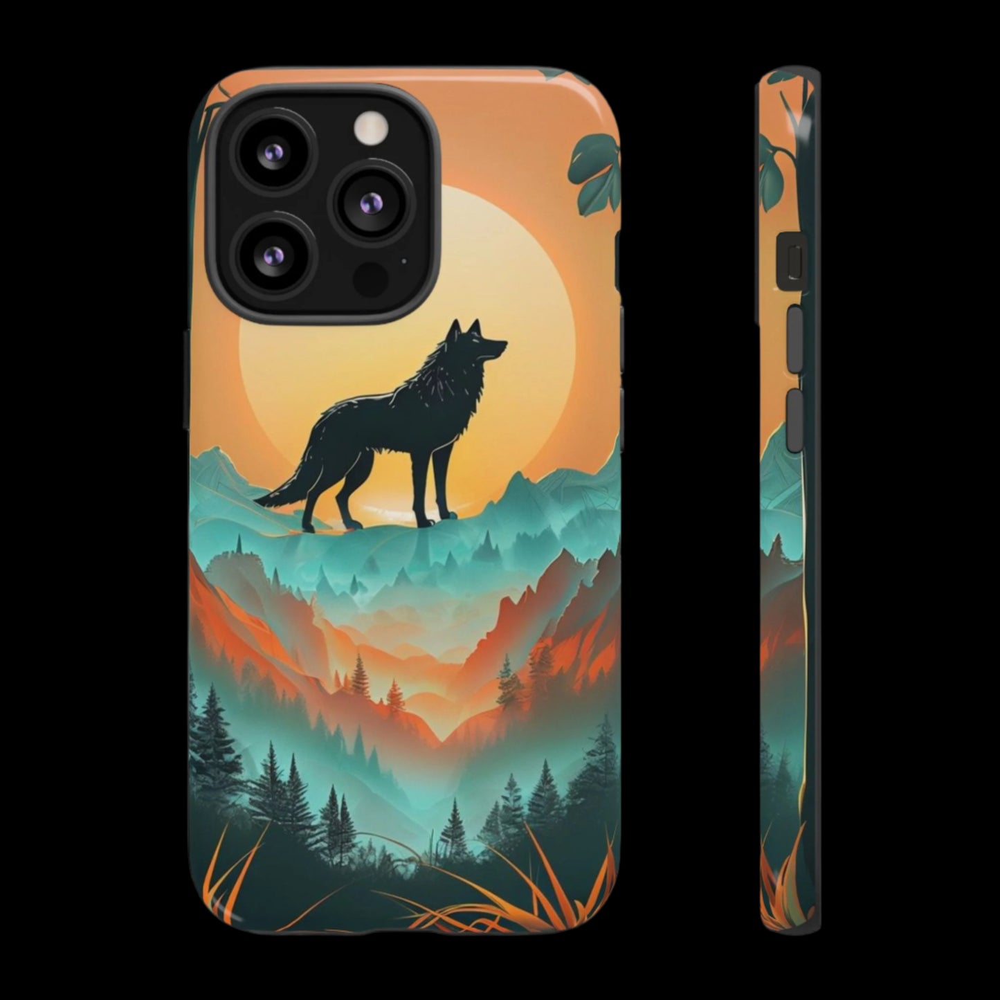 Phone Case Sunset Wolf Silhouette & Tropical Landscape – Artistic Protection