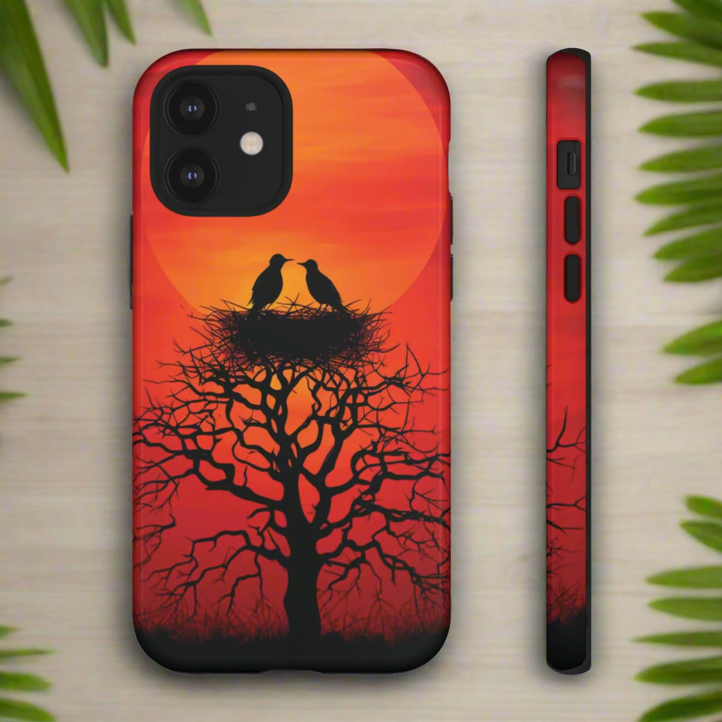 Phone Case Two Birds on a Nest - Red Sunset Background - Nature Wall Art - Romantic Bird Scene