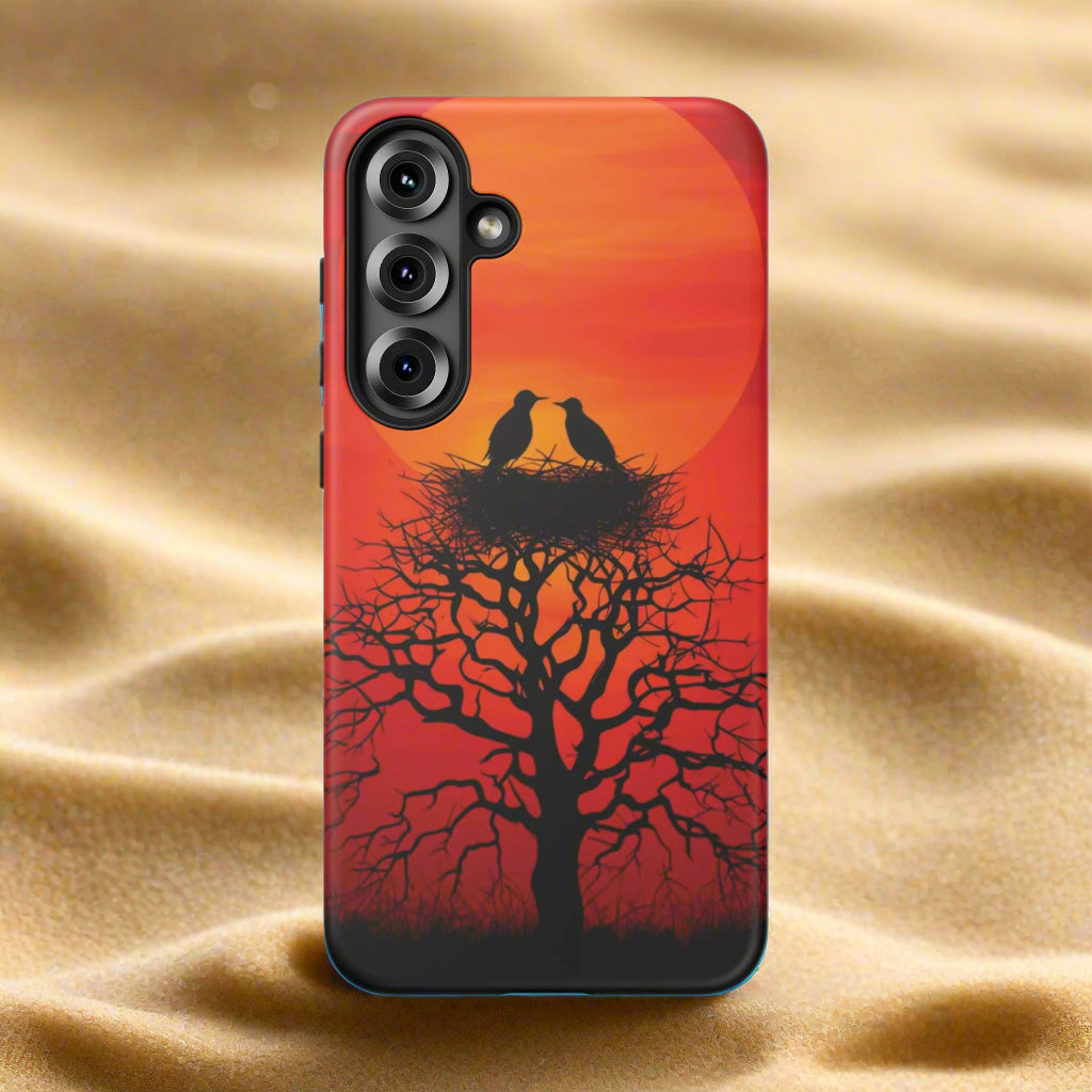 Phone Case Two Birds on a Nest - Red Sunset Background - Nature Wall Art - Romantic Bird Scene
