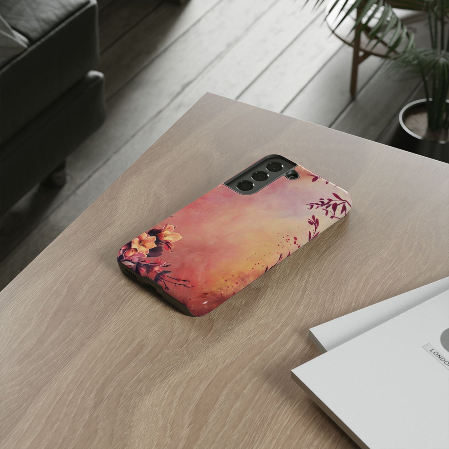 Watercolor Floral Phone Case - Pink Orange Gradient iPhone Cover - Botanical Art Protection