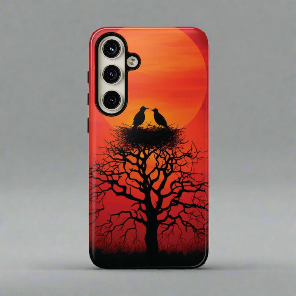 Phone Case Two Birds on a Nest - Red Sunset Background - Nature Wall Art - Romantic Bird Scene