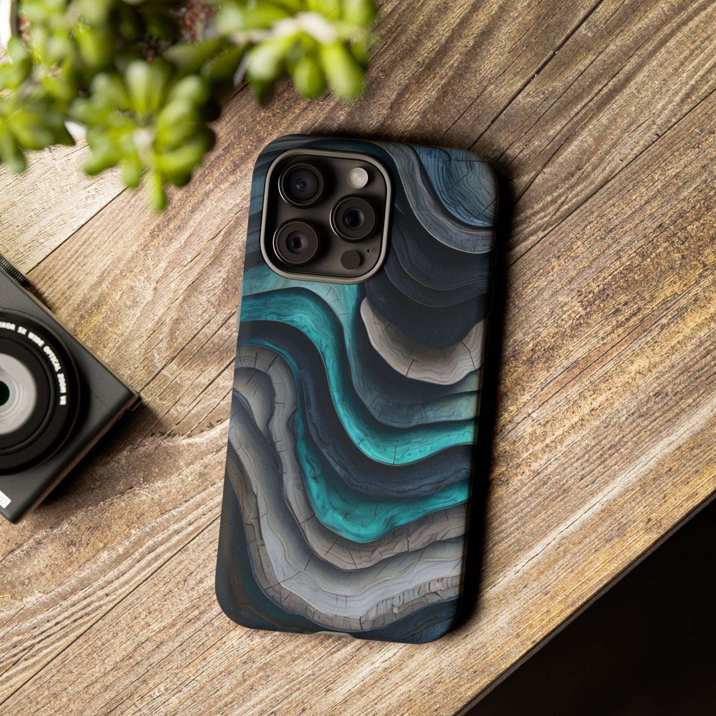 Phone Case Blue & Grey Woodgrain Wave – Artistic iPhone & Samsung Cover