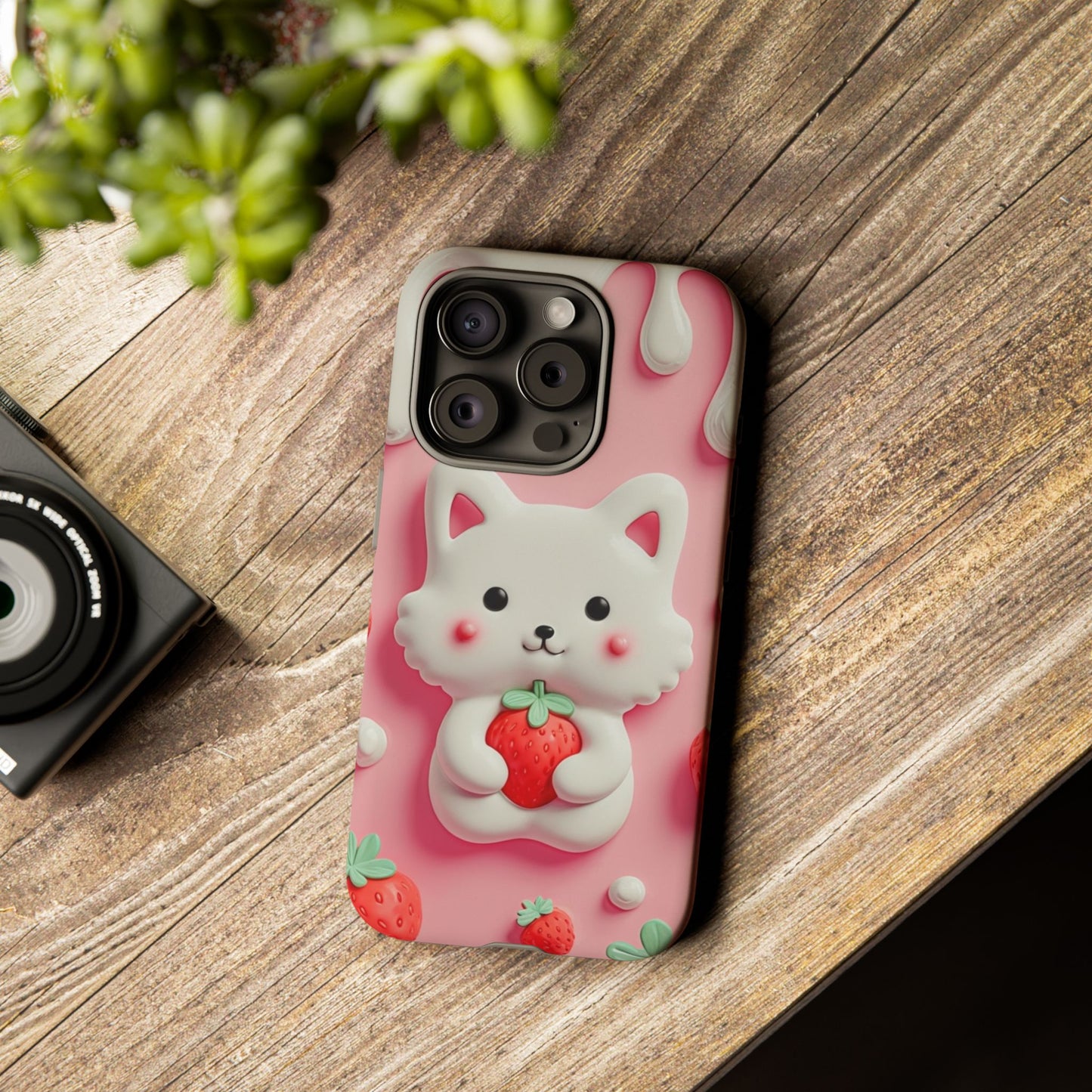 Adorable Cat Phone Case – Pink with Strawberry Design
