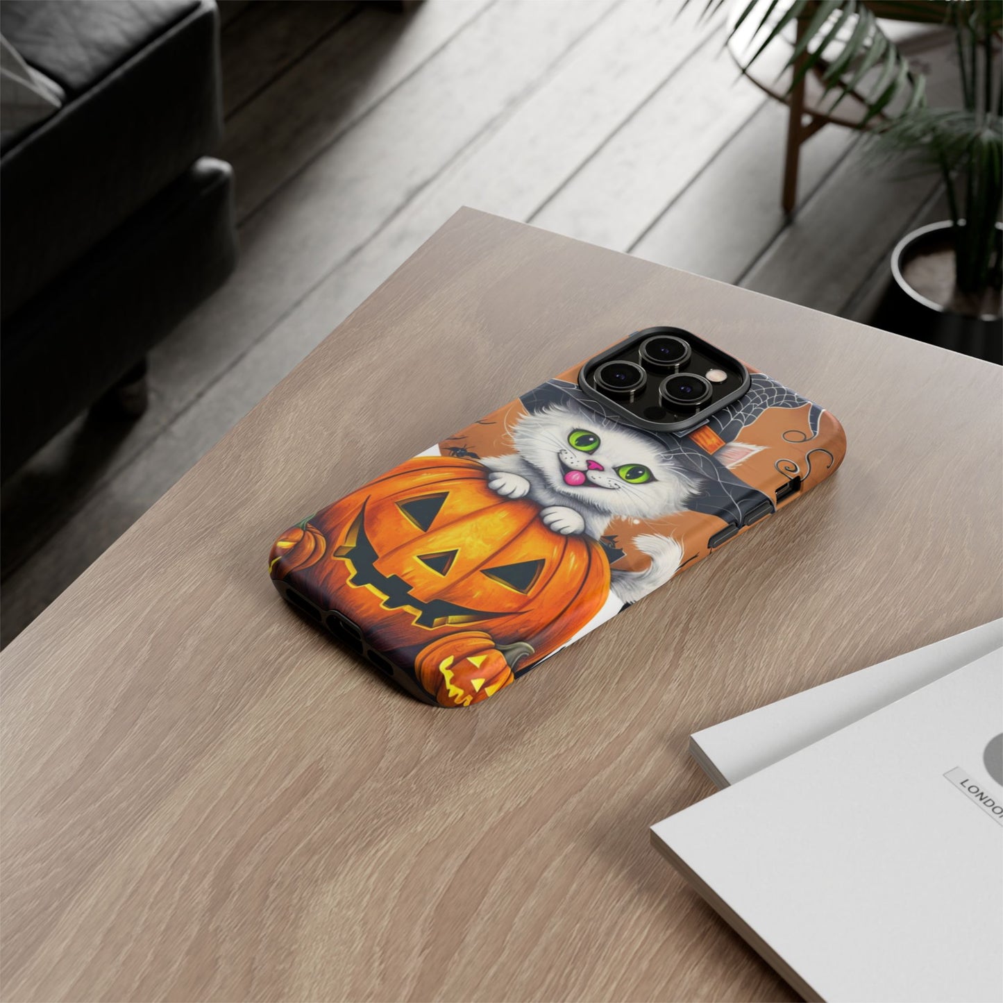 Halloween Cat Phone Case – Spooky Cute Cover with Witch Hat & Pumpkin Design