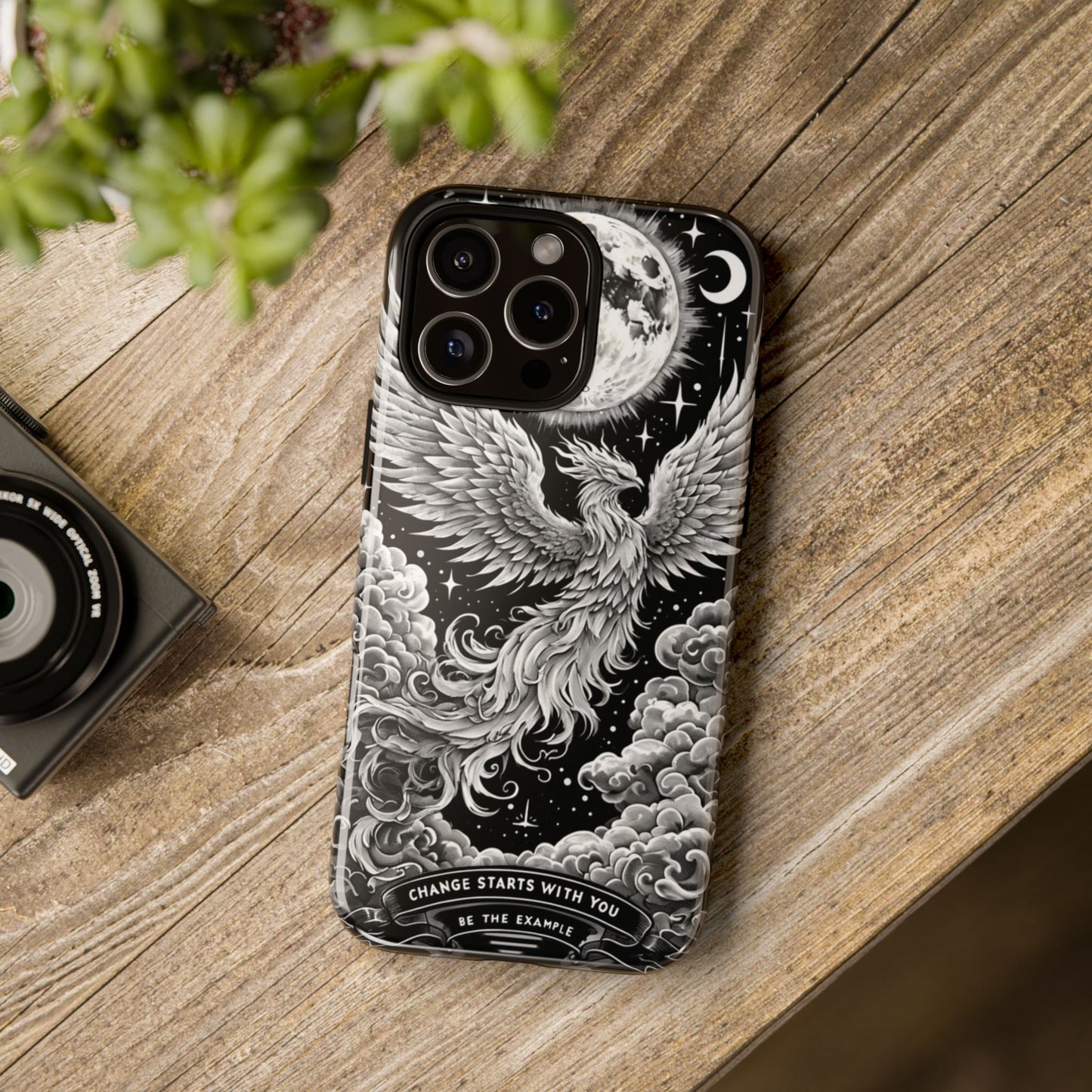 Phoenix Art iPhone Case – 'Change Starts With You' – Black & White Design