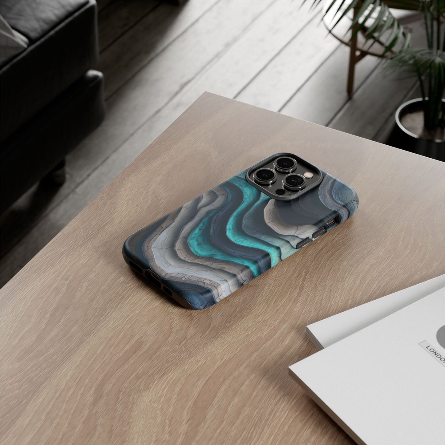 Phone Case Blue & Grey Woodgrain Wave – Artistic iPhone & Samsung Cover