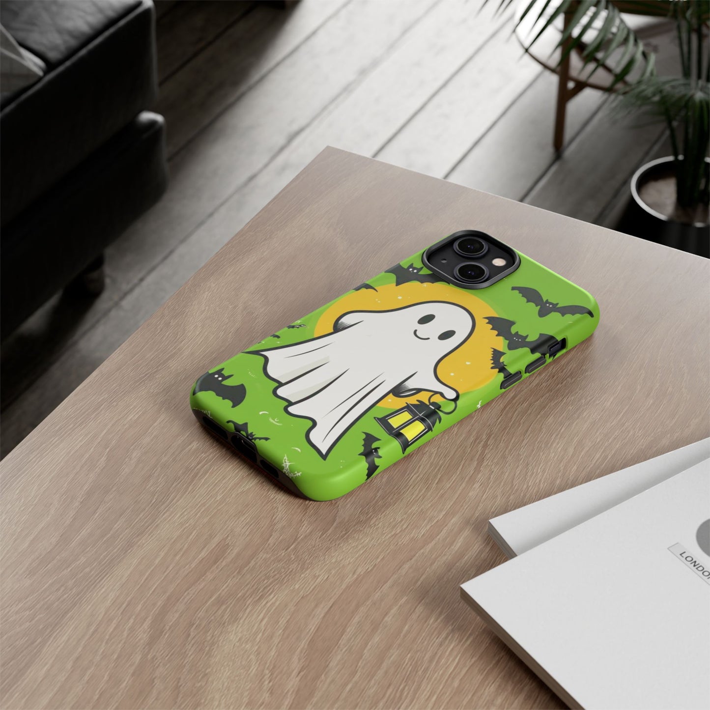 Cute Halloween Ghost Phone Case with Bats and Lantern – Perfect for Spooky Season