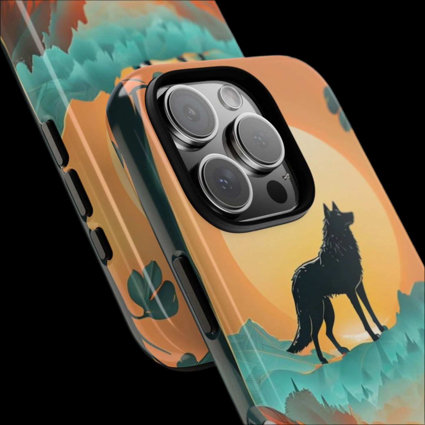 Phone Case Sunset Wolf Silhouette & Tropical Landscape – Artistic Protection