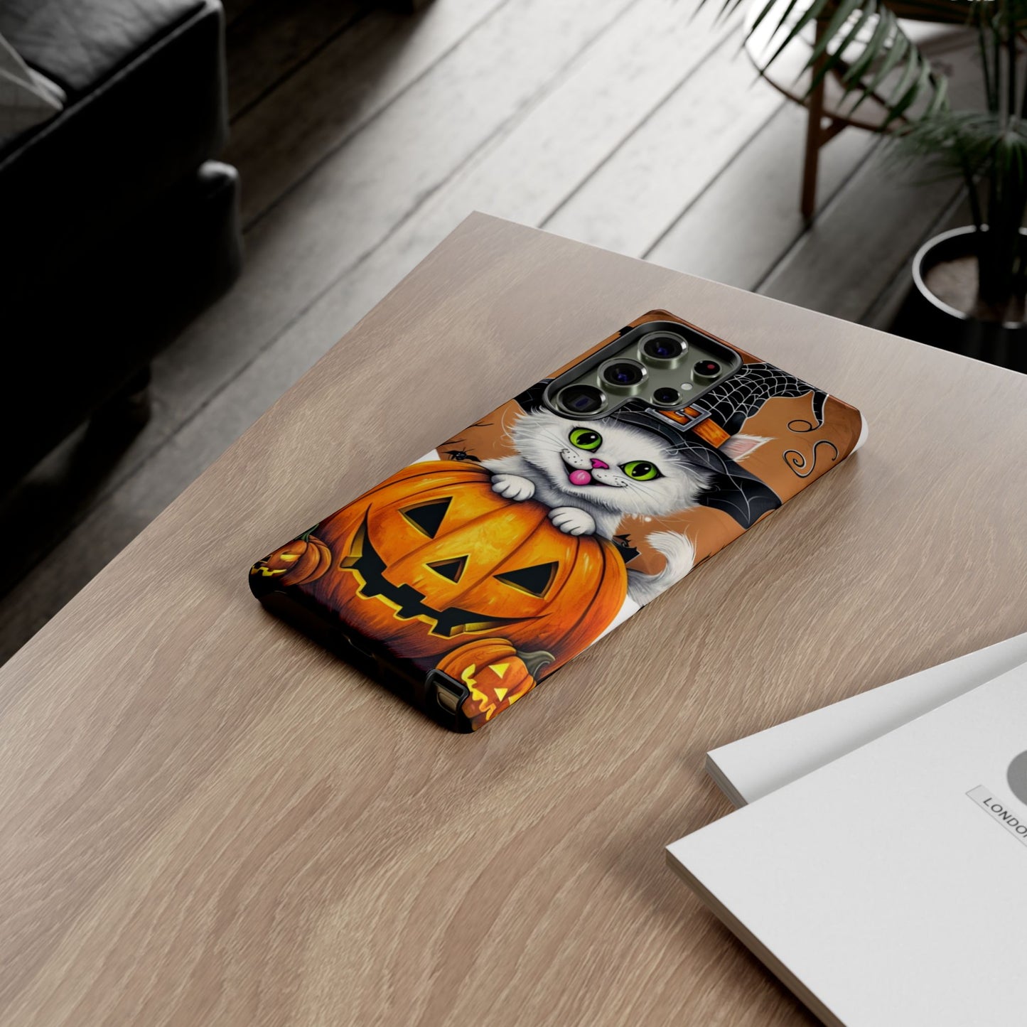 Halloween Cat Phone Case – Spooky Cute Cover with Witch Hat & Pumpkin Design
