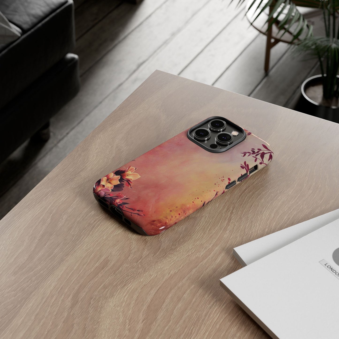 Watercolor Floral Phone Case - Pink Orange Gradient iPhone Cover - Botanical Art Protection