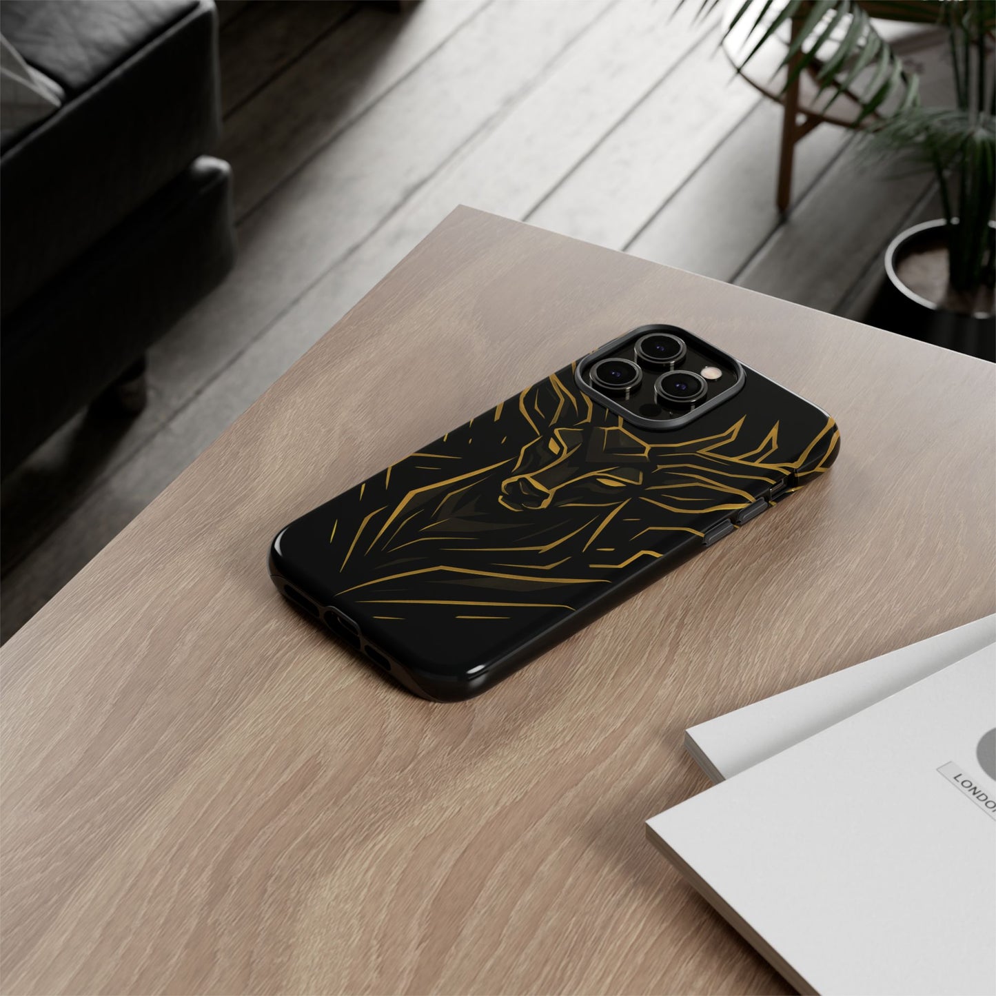 Phone Case with Black and Gold Deer Design – Elegant & Sophisticated Style