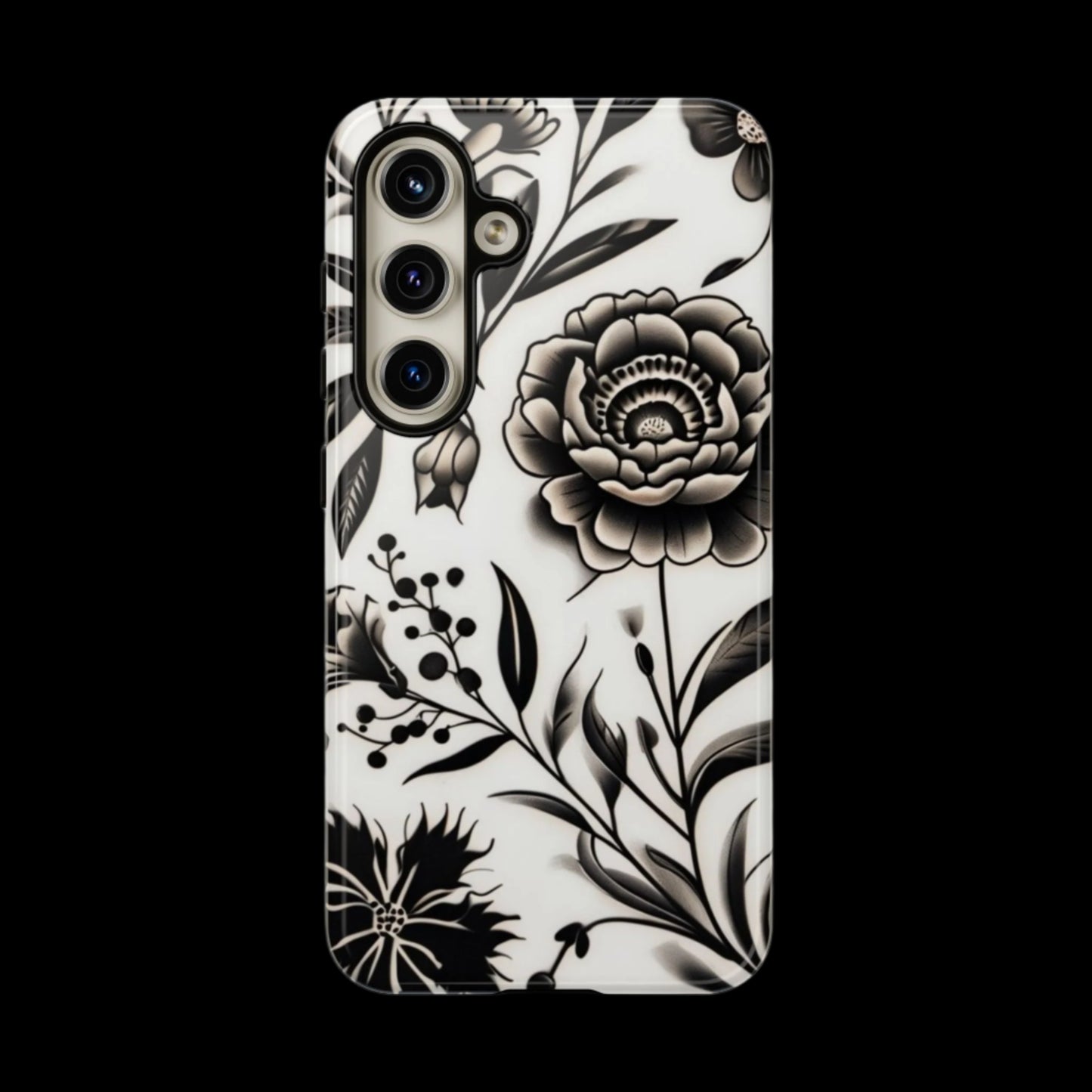 Phone Case Elegant Black and White Floral – Stylish Protection for iPhone 12/16 and Samsung 22/25