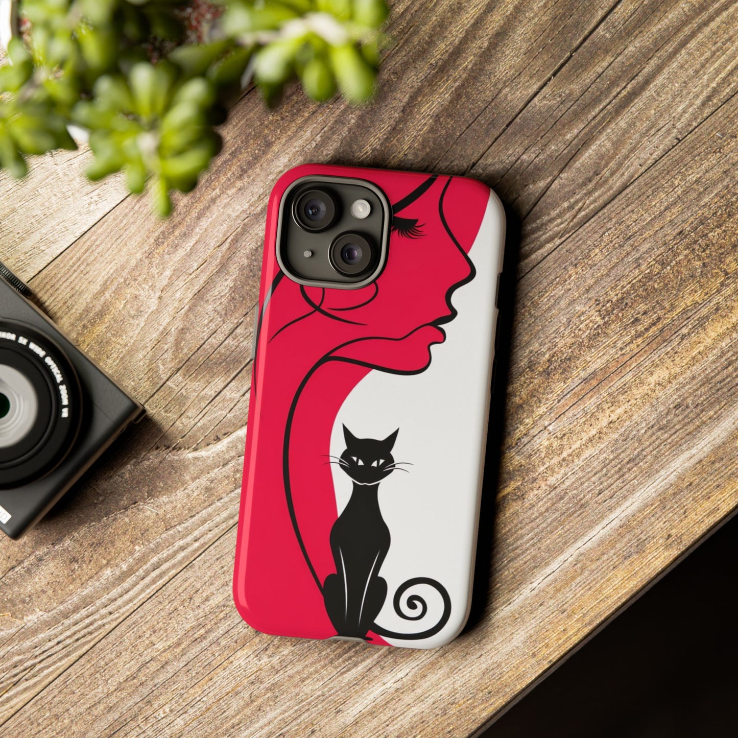 Phone Case with Artistic Woman & Black Cat Design – Stylish and Protective