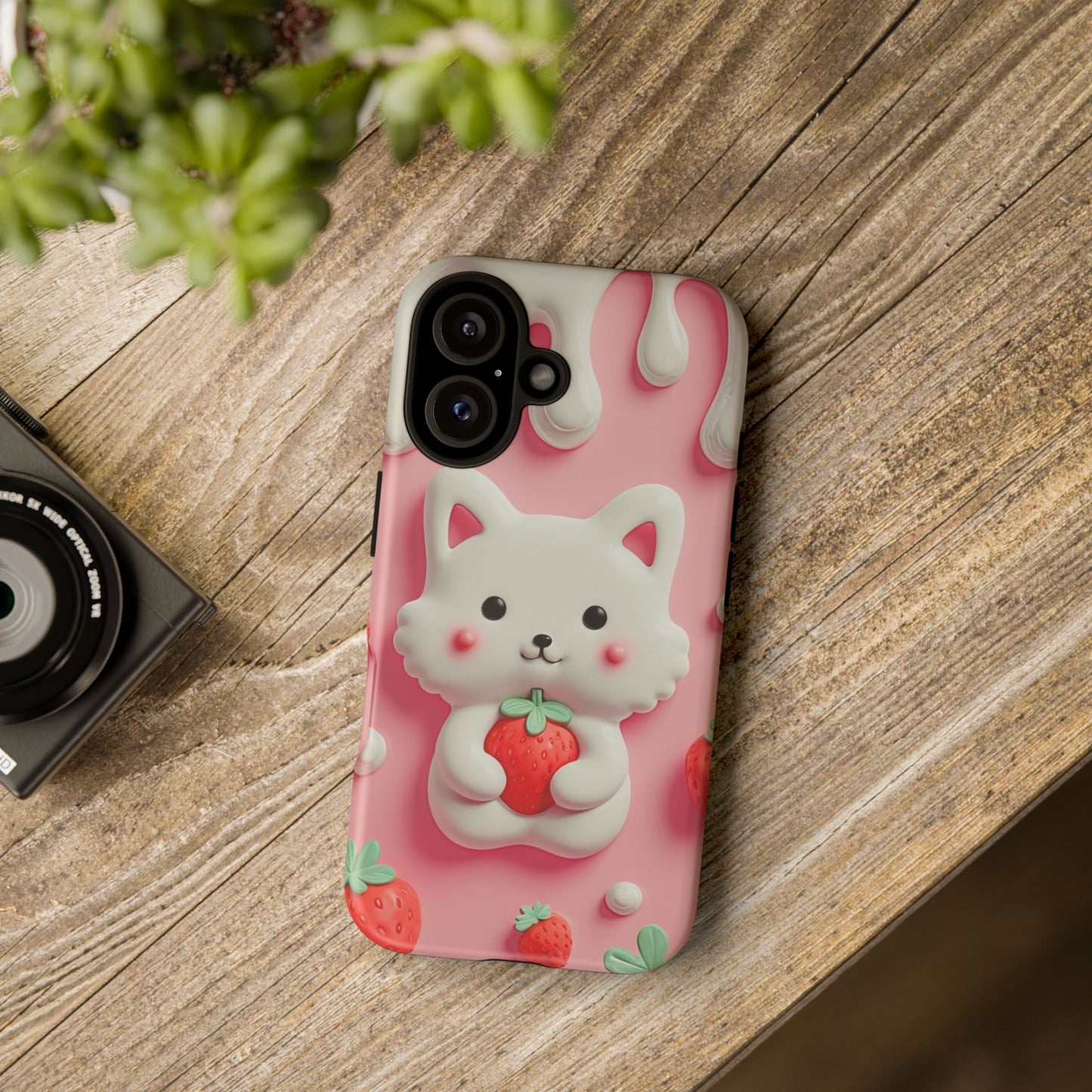 Adorable Cat Phone Case – Pink with Strawberry Design