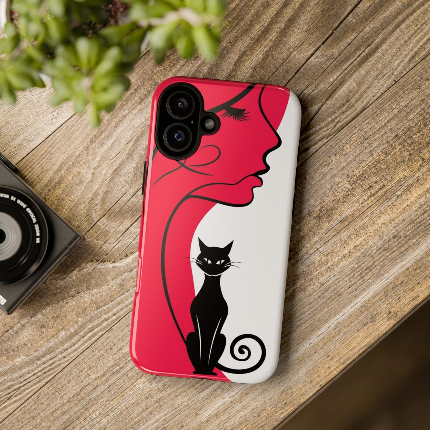 Phone Case with Artistic Woman & Black Cat Design – Stylish and Protective