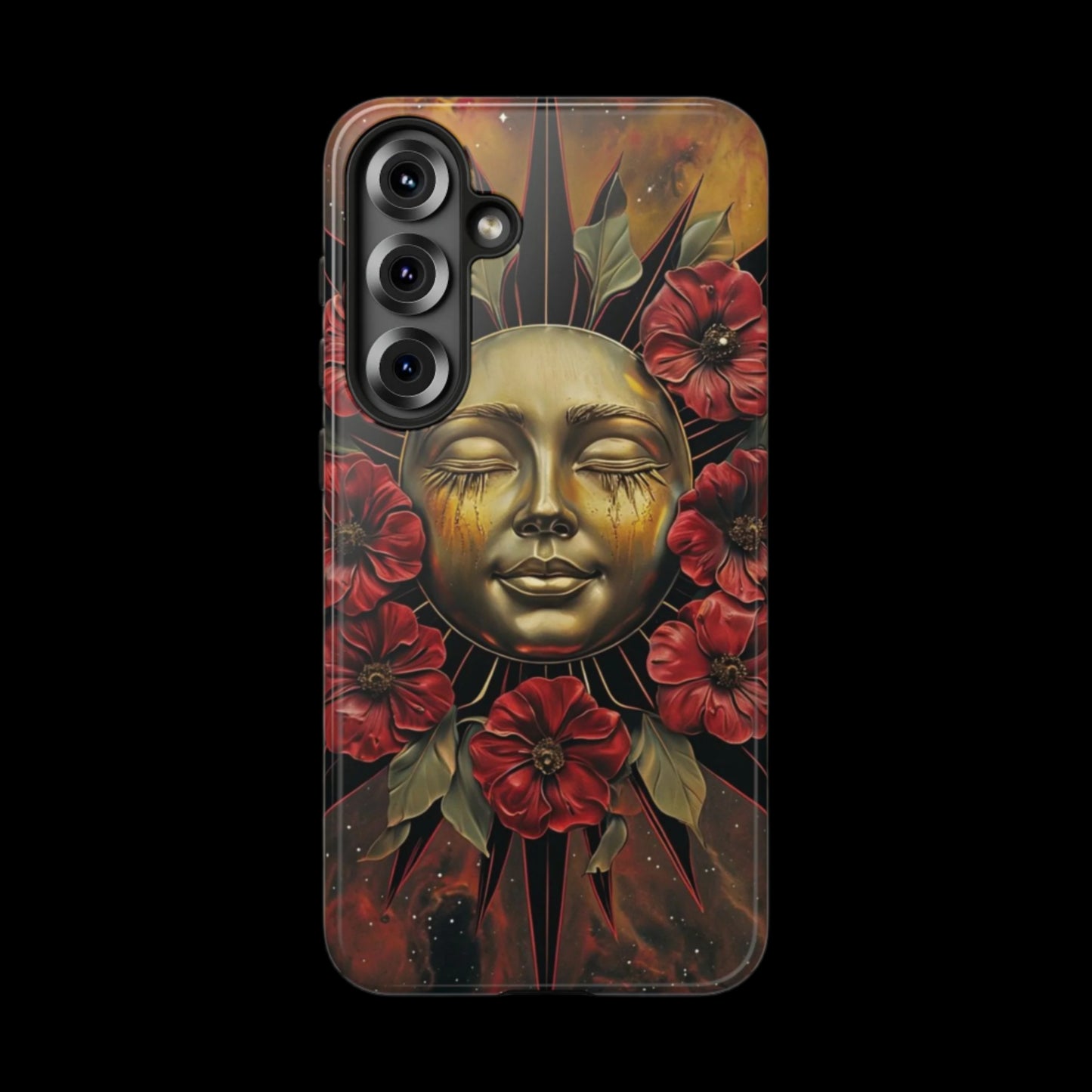 Phone Case Surreal Metallic Sun Face with Dark Red Flowers- Unique Modern Art Design