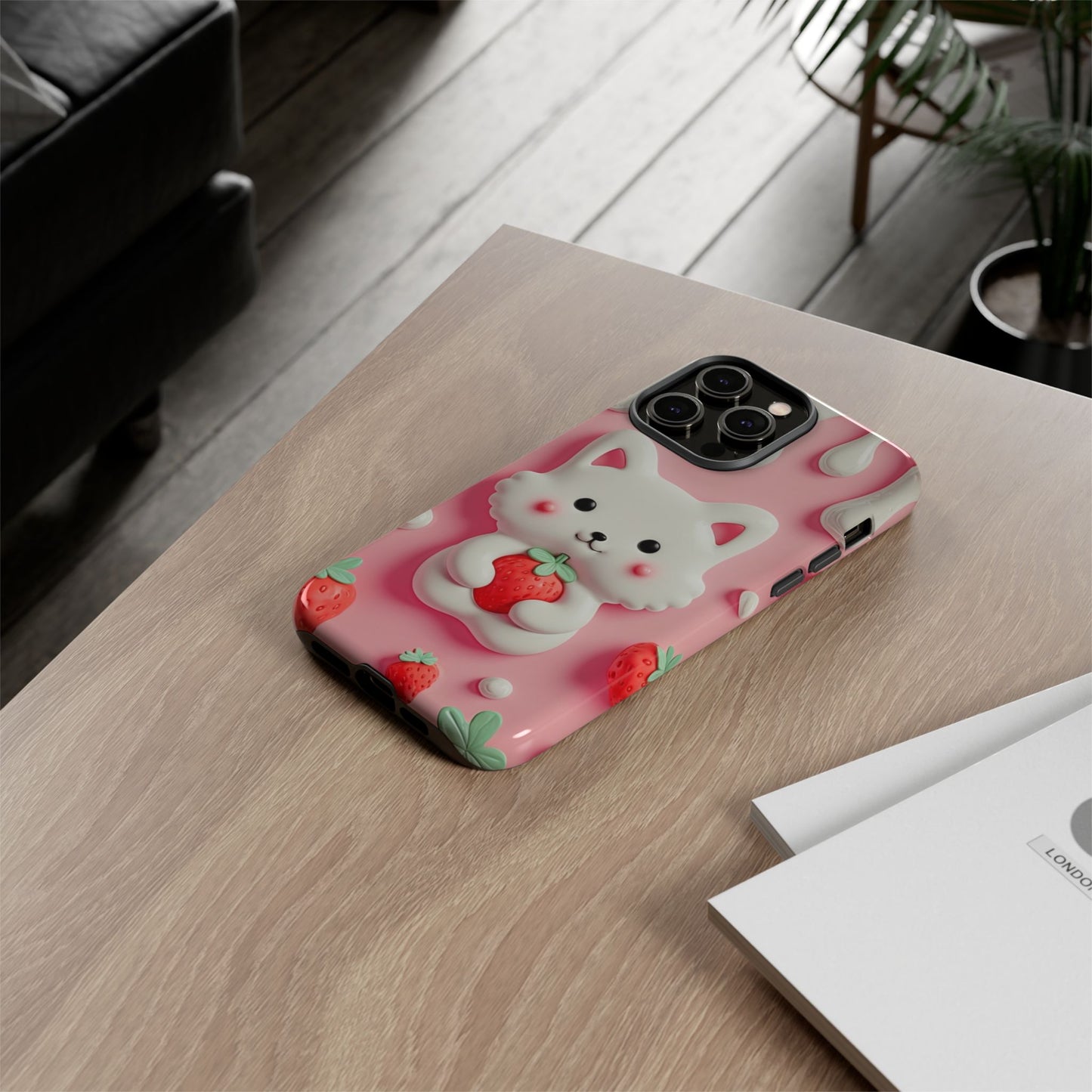 Adorable Cat Phone Case – Pink with Strawberry Design