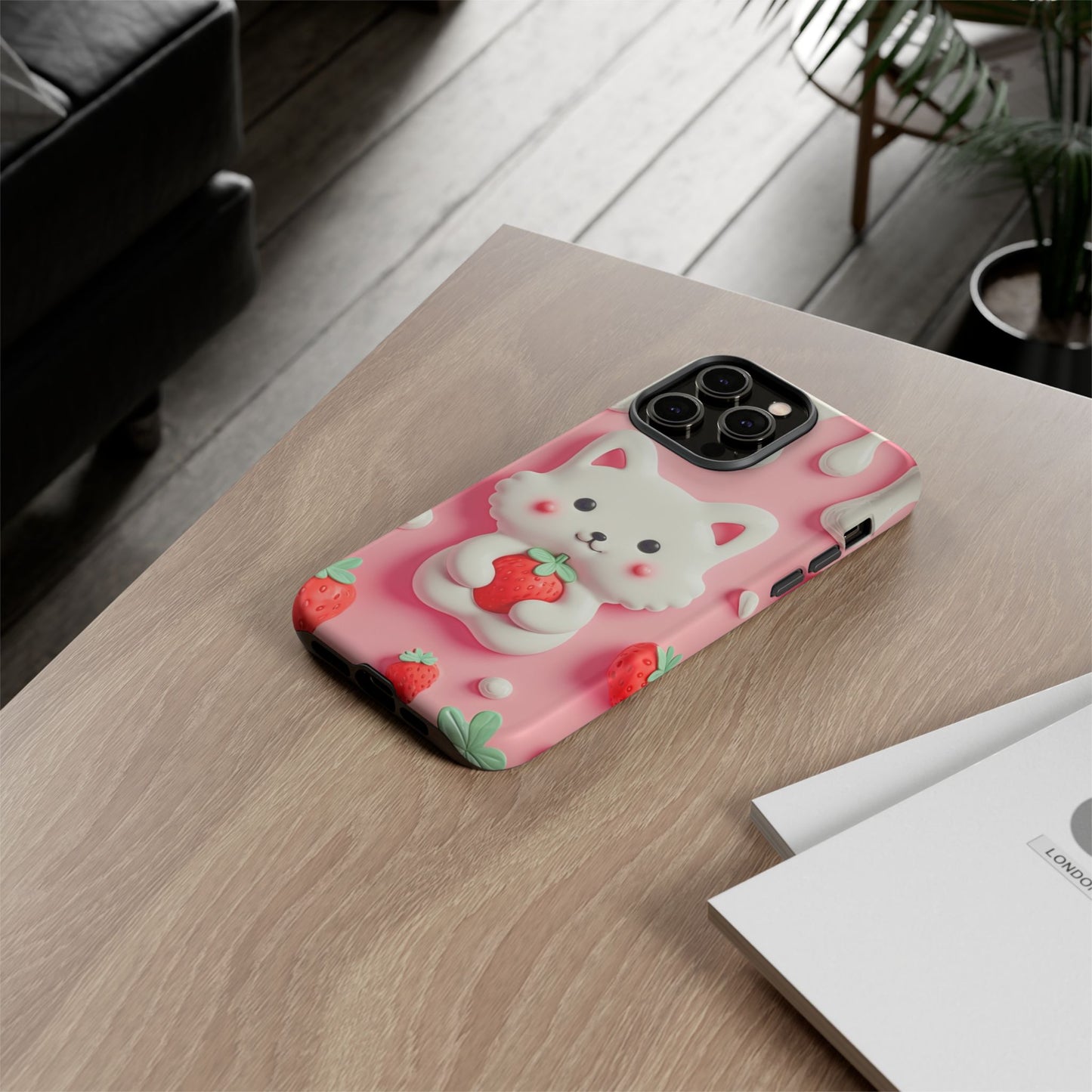 Adorable Cat Phone Case – Pink with Strawberry Design