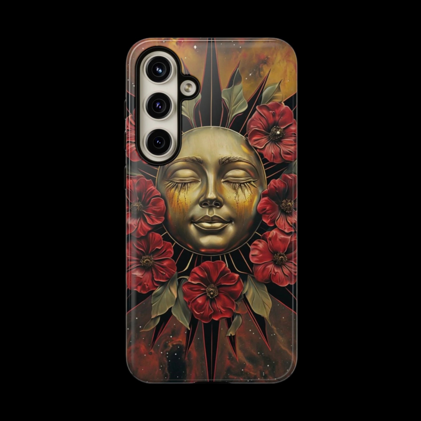 Phone Case Surreal Metallic Sun Face with Dark Red Flowers- Unique Modern Art Design