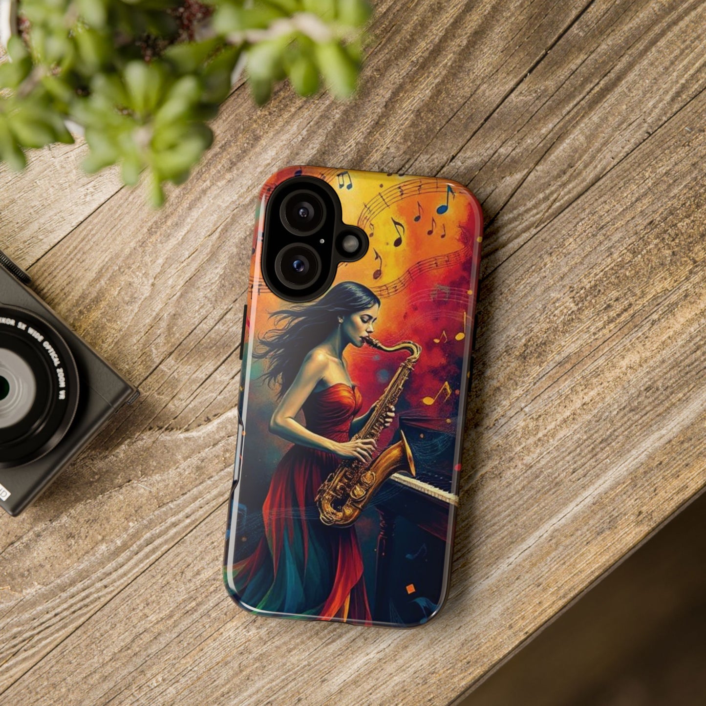Phone Case Female Saxophonist – Elegant Jazz Illustration